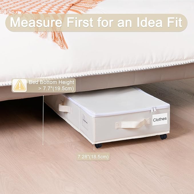 Under Bed Storage with Wheels, 2 Pack Under Bed Storage Containers with Label Holders for Clothes, Shoes and Blankets, Rolling Underbed Shoe Organizer with Cover, Beige (35.43x15.7x7.28 in)