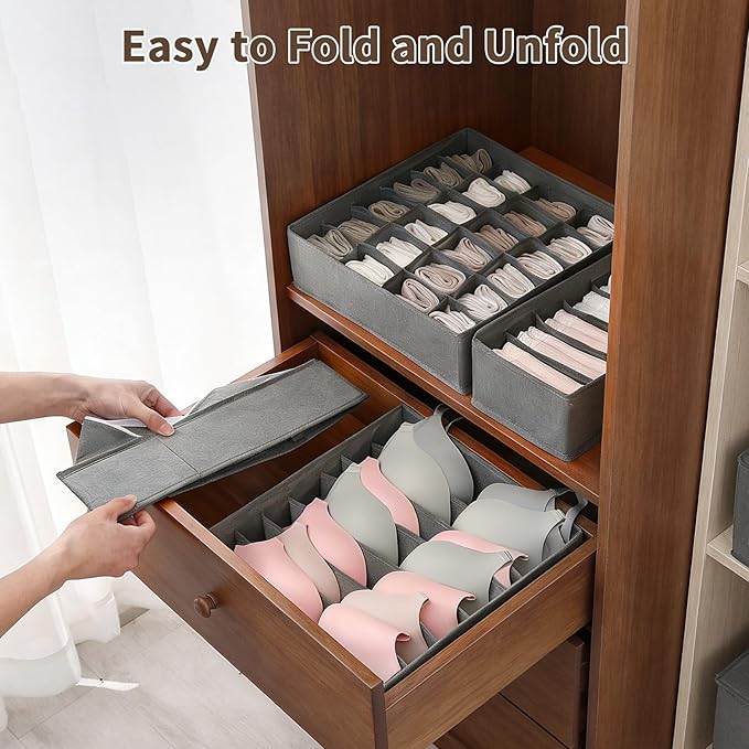 Garvee 12-Pack Underwear Drawer Organizers, 116-Cell Dresser Drawer Divider Bins for Baby Clothes, Underwear, Bra & Sock, Foldable Fabric Closet Organizer for Bedroom, Nursery, Grey