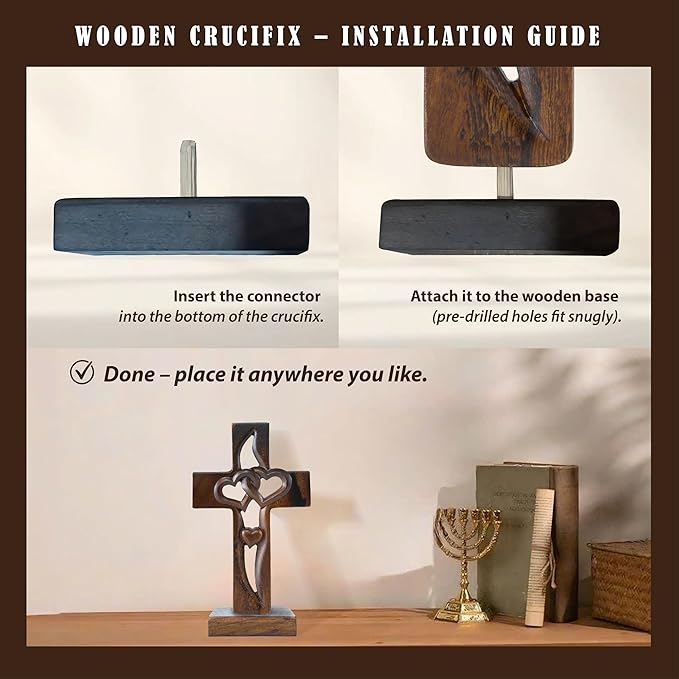 DAICAT - Handcarved Wood Cross with Intertwined Hearts, Crosses Wall Decor, Hand Made Wall Hanging Art Décor, Grift for Wedding (No 6)