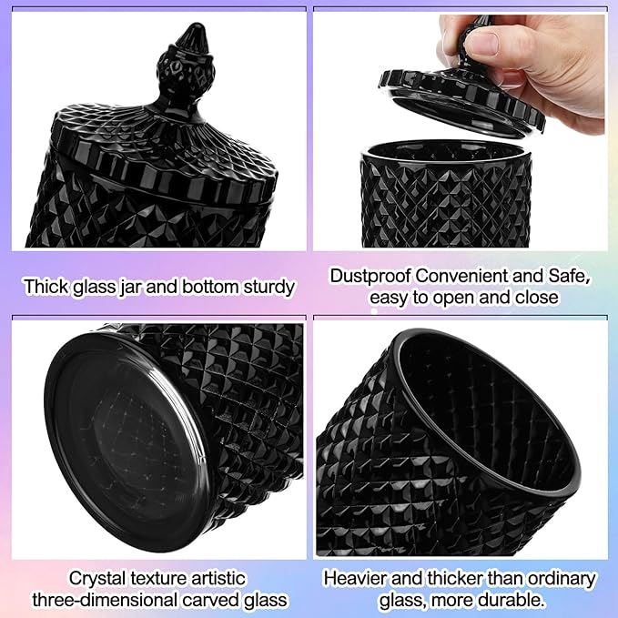 Aoriher 4 Pcs Crystal Glass Candy Jar Set with Lids Home Decorative Storage Jars for Apothecary, Bathroom, Kitchen, and Pantry, Ideal for Cotton Swabs and Jewelry(Medium,Black)