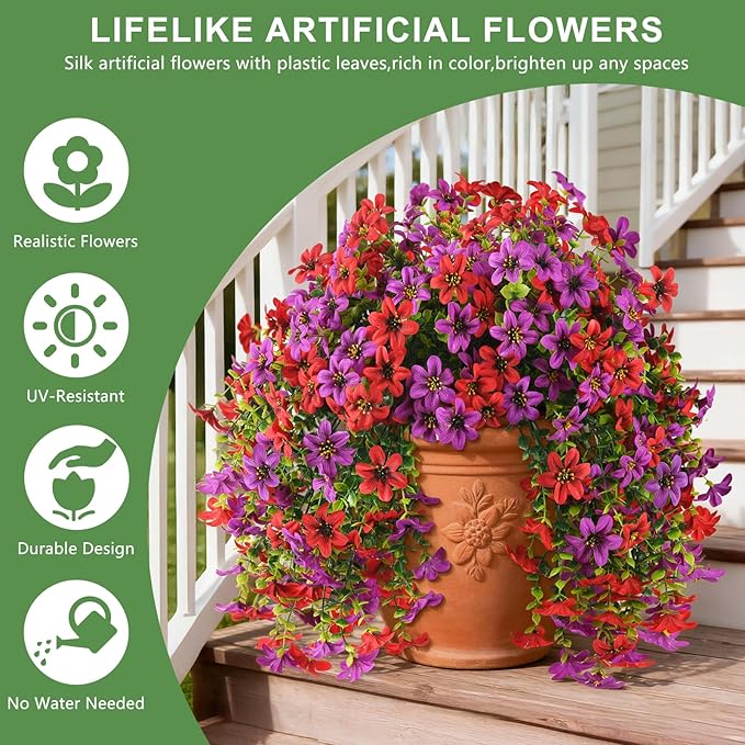 INQCMY Artificial Flowers for Outdoor Faux Hanging Plants Spring Outside Decoration,2Bundles Fake Silk Flowers Realistic Outdoor Flowers No Fade UV Resistant Porch Patio Window Yard Balcony Decor
