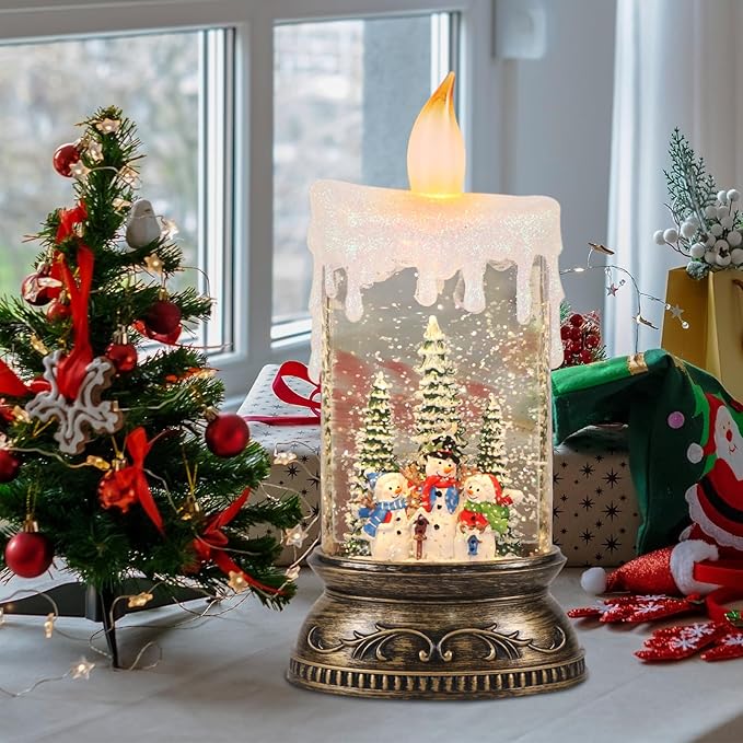 GenSwin Christmas Snow Globe Candle, Swirling Glittering Candle with Timer Music and 3 Snowman Scene, Winter Snow Shaped Lantern, USB/Battery Operated Candles for Christmas Indoor Decoration(8 Songs)