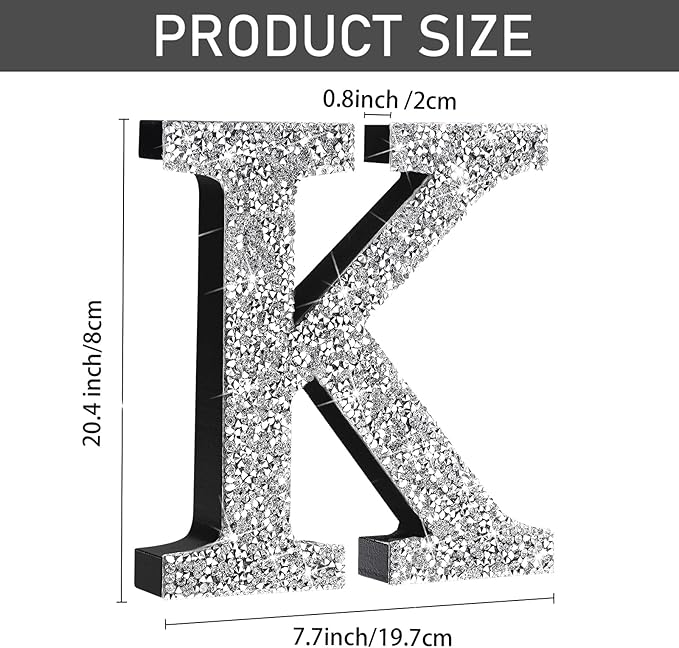 Qunclay 8'' Silver Crystal Diamond Bling Letters Crushed Diamond Decoration Wooden Glitter Letter with Screw and Hooks Rhinestone Gift for Wedding Y2k Mcbling Bedroom Wall Decor (Letter K)