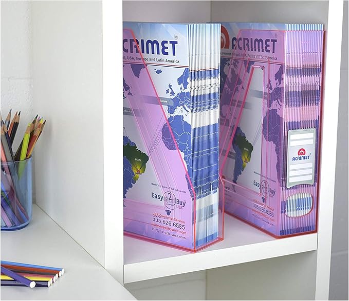 Acrimet Magazine File Holder Bin Storage, Vertical Rack for Documents, Folders and Mail, Durable Plastic Desk Organizer for Office & Home (Clear Pink Color) (2 Pack)