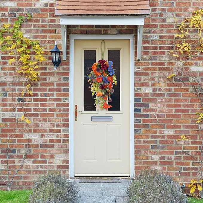 DULRLLY Spring Summer Front Door Teardrop Wreath, 25 Inch Decorative Swag with Colorful Flower and Green Leaves, Artificial Floral Swag for Wedding Arch Window Wall Decor