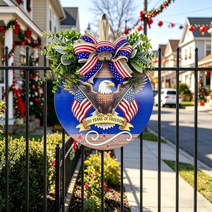 12" Patriotic Wreath for Front Door Wooden Welcome Sign, 4th of July Decorations Outdoor with USA 250th Anniversary Flag, Memorial Day Patriotic Decor (Color-Freedom1)
