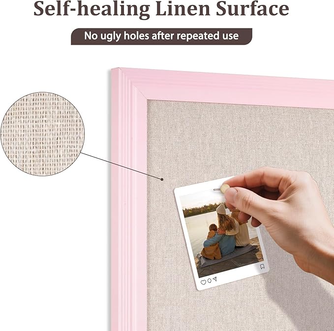 DOLLAR BOSS Bulletin Board with Linen 36'' x 24'' Pink Framed Cork Boards for Walls, Photo Display Pin Board, Decorative Corkboard for Office Home School Girls Dorm Decor with 10 Pushpins, White