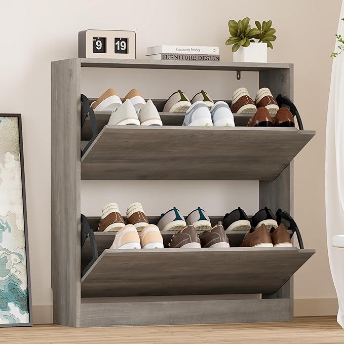 Shoe Cabinet with 2 Flip Drawers, Slim Narrow Shoe Storage Cabinet, Freestanding Shoe Organizer with Adjustable & Removable Shelves, Top Display Shelf for Entryway, Hallway, Foyer, Closet