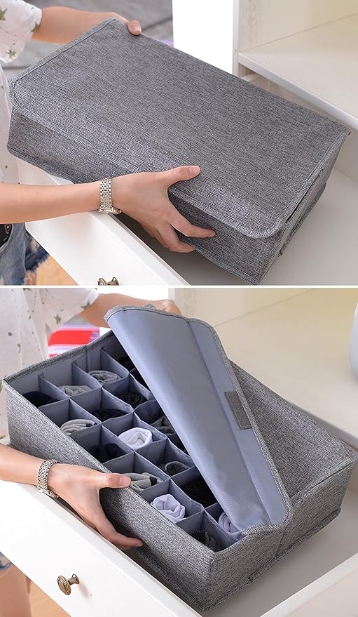 MURRI&MURRDI 2 Packs Sock and Underwear Storage Closet Organizer with Lids, 30 Cells Foldable Drawer Divider, Linen Cotton Storage Box Bin for Lingerie, Ties, Scarves, Grey
