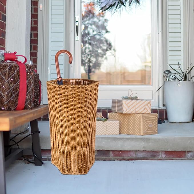 BESTOYARD Woven Umbrella Stand for Entryway Handmade Umbrella Holder with Tray Freestanding Cane Stand Rattan Flower Vase Dried Flower Pot Umbrella Rack, 39.5X21CM, Khaki