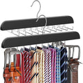 Upgraded Tie Rack Hanger with 20 Foldable Metal Hooks, Space Saving Necktie Organizer for Men – Large Capacity Tie and Belt Wooden Hanger for Closet - Black 2 Pack