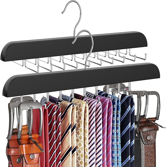 Upgraded Tie Rack Hanger with 20 Foldable Metal Hooks, Space Saving Necktie Organizer for Men – Large Capacity Tie and Belt Wooden Hanger for Closet - Black 2 Pack
