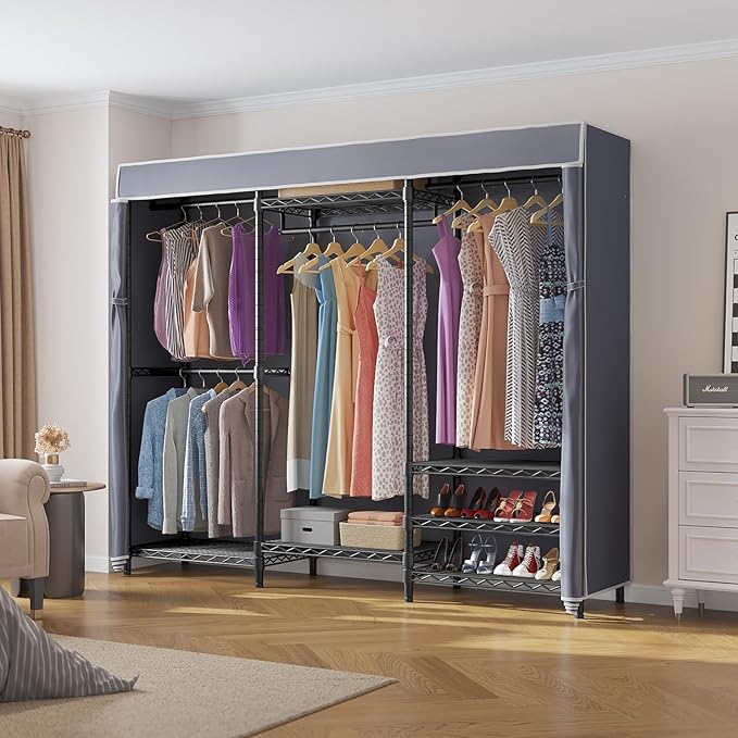 VIPEK V5C Portable Clothes Closet Wardrobe Bedroom Armoires Heavy Duty Covered Clothes Rack, Black Metal Clothing Rack with Grey Oxford Fabric Cover, Adjustable Custom Closet Rack 68.9"Lx15.7"Wx76.4"H