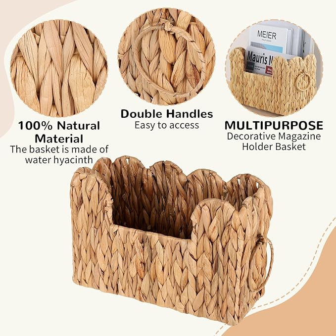 Scalloped Hand Woven Magazine Holder Natural Water Hyacinth Magazine Basket for Newspapers Books Files Decorative Boho Farmhouse Book Basket for Bathroom Living Room Home Office