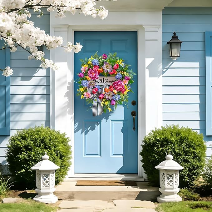 Pinkpuii Spring Wreaths for Front Door Outside– 24 Inch Spring Door Wreath with Pink Peonies, Roses,Blue Hydrangeas&Yellow Tulips,Colorful Welcome Summer Wreaths for Front Door Porch & Entryway Decor