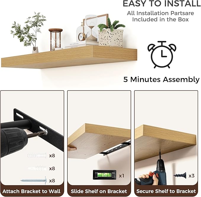 Venusmiles Floating Shelves for Wall, 40" W x 12" D x 2" H, 1 Pack of Long Wall Mounted Engineered Wood Shelves with Invisible Brackets for Living Room, Bedroom, Bathroom, Kitchen Decor, Oak