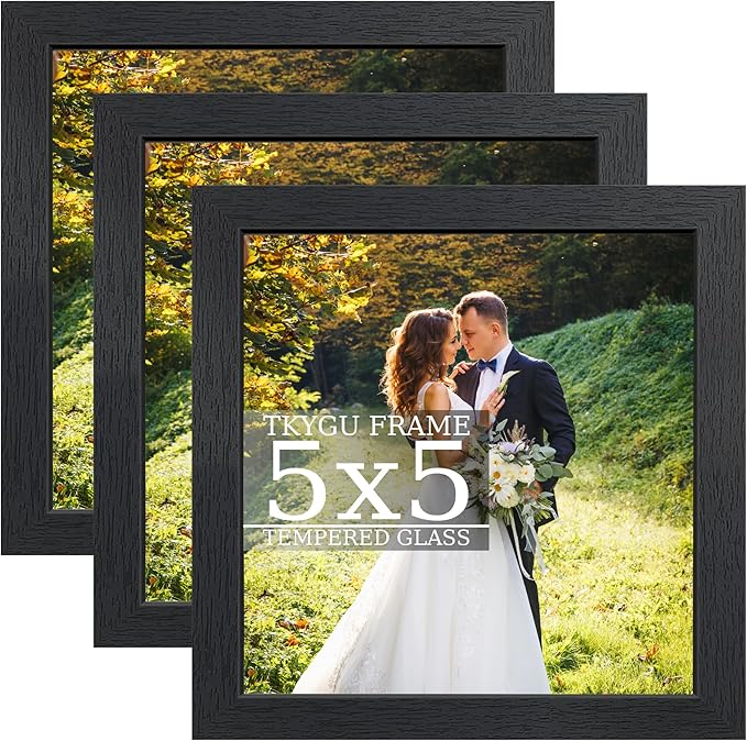 5x5 wood Picture Frame Set of 3, Made of Real Glass for 5x5 Black Frames, Wall and Tabletop Display Thin Border Photo Frame for Home Décor Gallery Family Wedding Memorial Pic Frame Gift