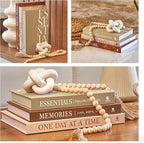 JULZEN Linen Decorative Books for Home Decor - Aesthetic Set of 3 Beige Fake Books for Coffee Table Decor with Faux Book Box Storage, Wood Knot & Bead Garland - Neutral Living Room Decoration