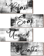 Maitys 4 Pcs Bathroom Wall Decor 10 x 4 Inch Bathroom Wall Art Contemporary Wood Restroom Pictures for Soak Unwind Relax Hanging Sign Spa Rustic Vintage Farmhouse Pediments(Black and White)