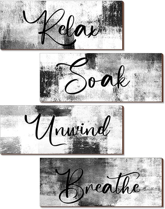 Maitys 4 Pcs Bathroom Wall Decor 10 x 4 Inch Bathroom Wall Art Contemporary Wood Restroom Pictures for Soak Unwind Relax Hanging Sign Spa Rustic Vintage Farmhouse Pediments(Black and White)
