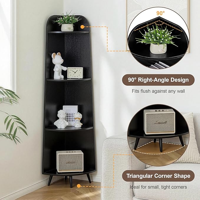 VECELO Large Tall Corner Shelf, 66.93" H 4-Tier Corner Storage Organizer, Freestanding Corner Display Rack for Living Room Bedroom Home Office, Black