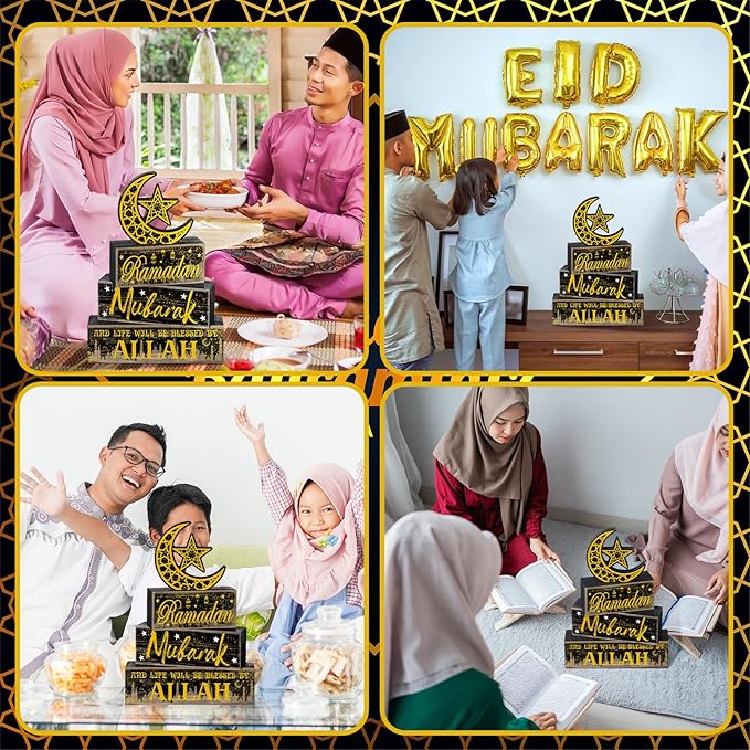 Moucuny 4 Pcs Ramadan Mubarak Table Decor Wooden Eid Mubarak Tabletop Signs for Home Black and Gold Muslim Islam Ramadan Mubarak Centerpiece for Islamic Gifts Kareem Home Table Decor