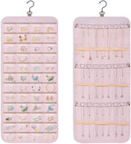 Dynoro Double-Sided Hanging Jewelry Organizer, Large Pink Storage Roll for Earrings, Necklaces, Rings, 48 Pockets 21 Hooks, Durable Oxford Fabric for Closet, Wall, Door, 1 piece, Jewelry Not Included