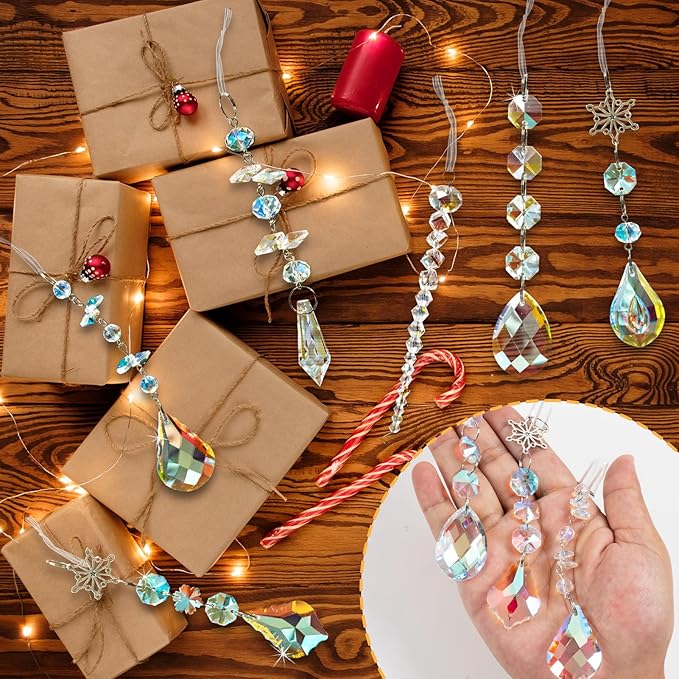 GuassLee Christmas Crystal Prism Ornaments for Christmas Tree - 6pcs Iridescent Teardrop Crystal Glass Sun Catcher for Christmas Decorations Indoor Tree Birthday Party Decor