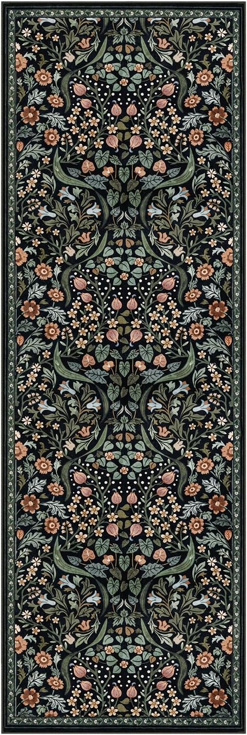 Moynesa Floral Kitchen Runner Rug, 2x6 Runners for Hallways 6ft Non Slip Washable Soft Rug Runners, Boho Botanical Ultra Thin Stain Resistant Carpet Runner for Bathroom Entryway, Black