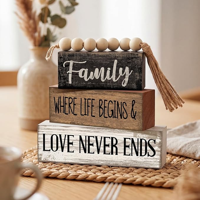 Yuntau 4 Pcs Farmhouse Family Tabletop Decor Tiered Tray Decor Rustic Wood Decorative Stacked Sign Block Gift Retro Bead Garland Family Where Life Begins Love Never Ends Table for Home Shelf Office
