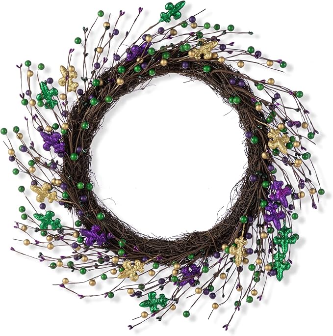 Glitzhome 20" Wreath Decoration Glitter Purple Gold Green Berry & Fleur-de-Lis Wreath Carnival Front Door Decoration for Indoor Outdoor Holiday Party Favors
