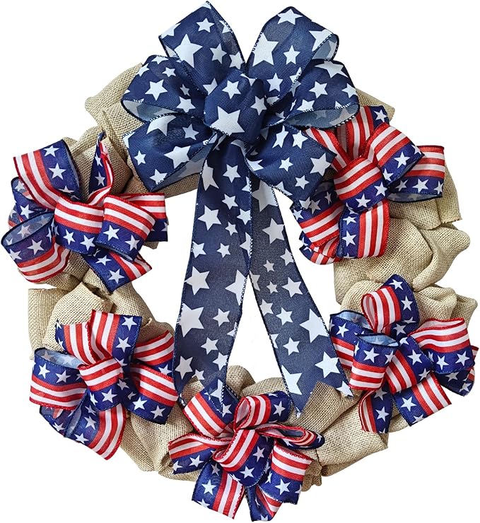 XKCL Patriotic Wreaths, 20 Inch Memorial Day Wreath, 4th of July American Flag Wreath for Front Door Decorations (Beige＆Bule)