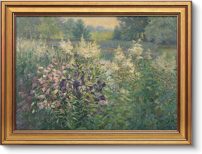 VIYYIEA Vintage Gold Framed Wall Art for Living Room, Landscape Canvas Prints Home Decor, Oil Painting Picture, Bedroom Wall Decor Gifts for Friends or Family -【Canterbury Bells】-(16L x 12W)