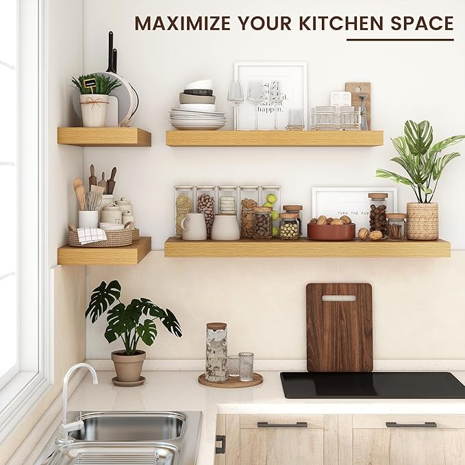 Venusmiles Floating Shelves for Wall, 40" W x 12" D x 2" H, 2 Pack of Long Wall Mounted Engineered Wood Shelves with Invisible Brackets for Living Room, Bedroom, Bathroom, Kitchen Decor, Oak