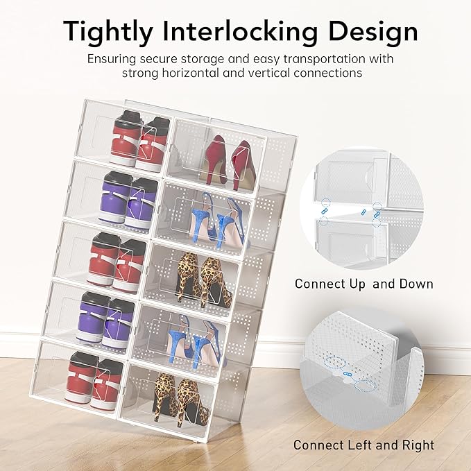 X-Large Shoe Storage Box, 15 Pack Clear Plastic Stackable Shoe Organizer for Closet, Interlocking Design Shoe Container Bins for Sneakers, Foldable Shoe Rack with Lids, White