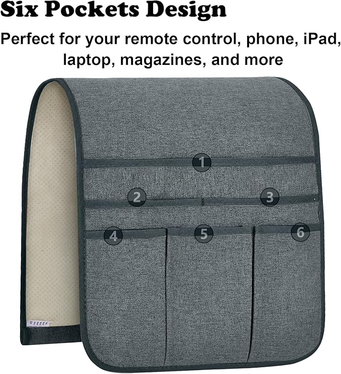 Teniux Remote Control Holder Armchair Caddy for Recliner Couch, Non-Slip Armrest Organizer with 5 Pockets for Magazine, Tablet, Phone, iPad (Grey)