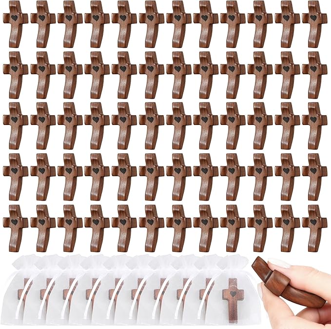 60Pcs Wooden Cross Bulk Worry Cross with Organza Bags Handcrafted Walnut Pocket Cross My Heart Handheld Prayer Cross Anxiety Stress Relief Christian Faith Encouragement Gifts for Church Ministry