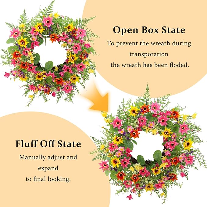 Spring Summer Wreaths for Front Door,22 Inch Artificial Spring Summer Daisy Wreath with Wildflowers,Eucalyptus Leaves for Indoor Outdoor Wall Porch Festival Farmhouse Home Holiday Decor.