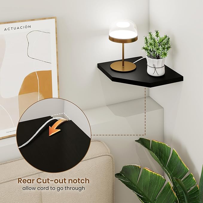 Fun Memories Corner Shelf Wall Mount, Solid Oak Wood Floating Corner Shelves with Cable Hole, 8.5in Rustic Design for Bedroom, Bathroom, Kitchen, Living Room (Black, 1 Pack)