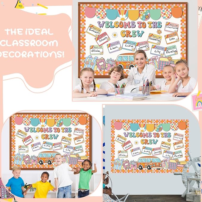 Pajean Welcome to The Crew Bulletin Board Set Groovy Back to School Classroom Decorations Retro Hippie Name Tags Cutouts with Groovy Daisy Borders for Door Wall Chalkboard Decor Preschool Supplies