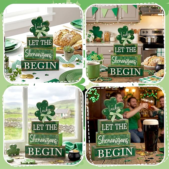 Lineshading 4 Pcs St Patricks Day Table Decorations Wooden Shamrocks St Patrick's Day Tiered Tray Decor Irish Centerpiece Green Lucky Shamrocks Block Signs for Saint Patty's Party Home Kitchen Decor