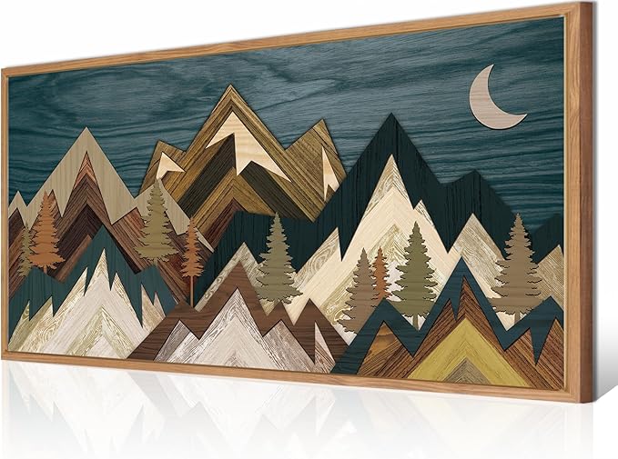 BINCUE Mountain Wall Art Framed Mountain Wall Pictures Nature Forest Wall Decor Rustic Farmhouse Wall Paintings Moon Art Large Landscape Artwork for Farmhouse Living Room Bedroom Dining Room 20x40 Inch