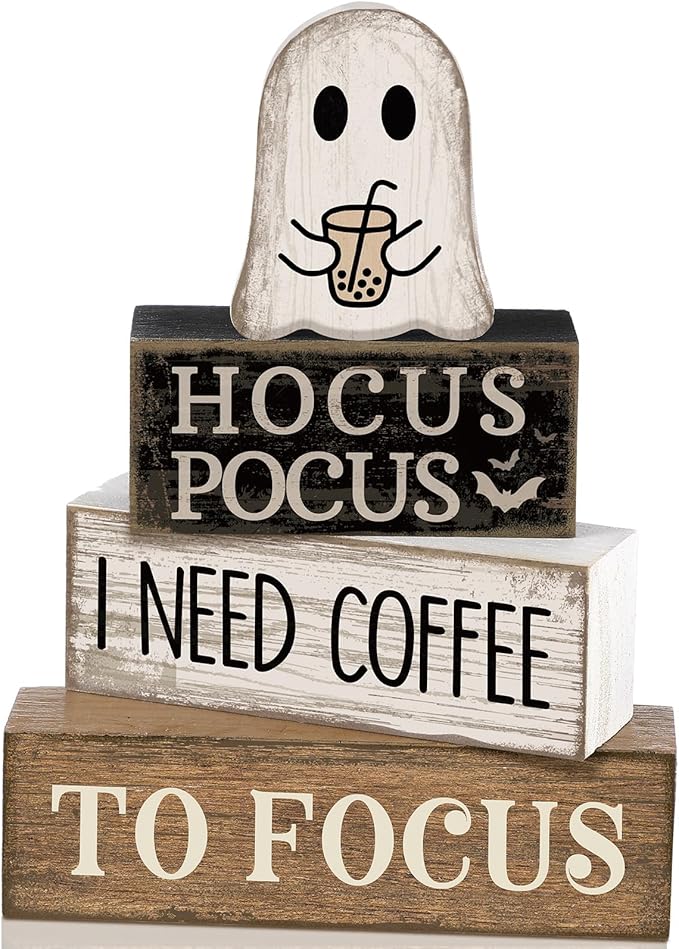 Lineshading 4 Pcs Halloween Coffee Table Decor Coffee Ghost Wooden Stack Block Decor Halloween Tiered Tray Decoration Farmhouse Ghost Tabletop Centerpiece Decorations for Home Kitchen Office Bar Shelf