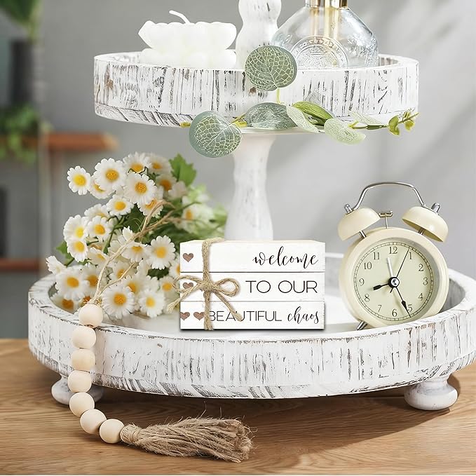Ycyfckdr Decorative Wood Book Stack for Home, Welcome to Our Beautiful Chaos, Rustic Table and Living Room Bookshelf Farmhouse Decor (L69)