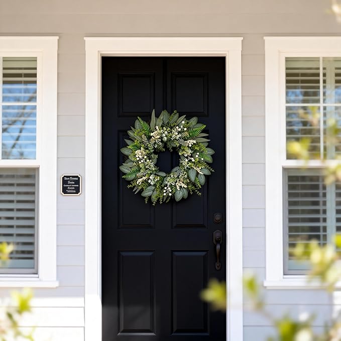 24 Inch Greenery Wreaths for Front Door – Artificial Eucalyptus Wreath with White Berries and Mixed Green Leaves, Year-Round Farmhouse Indoor Outdoor Door Wreath for Spring Summer Home Decor
