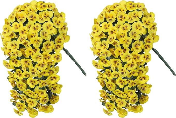 HyeFlora Artificial Flowers for Outdoors 2pcs Faux Silk Pansy Vines Lush UV Resistant Fake Hanging Flower Plants for Outside Porch Yard Patio Window Box (Yellow)