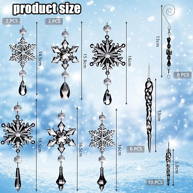 Giegxin 32 Pcs Crystal Christmas Ornaments Crystal Hanging Snowflakes Acrylic Xmas Tree Icicle Drop Decorations with Hooks for Christmas Snow Party Winter (Black)