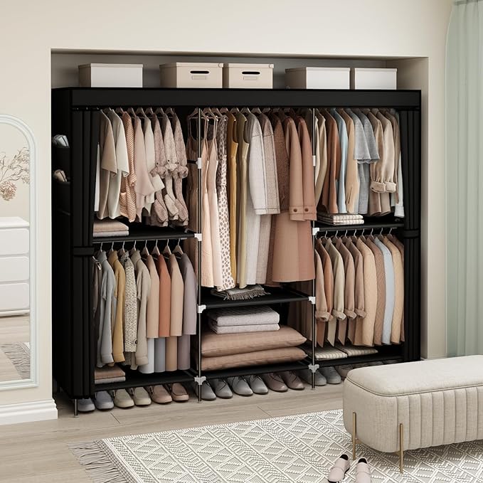 83" Closet Wardrobe, Portable Closet for Bedroom, Freestanding Clothes Rack with Non-Woven Fabric Cover, 5 Hanging Rods, 6 Storage Shelves, Clothes Storage Organizer, Black