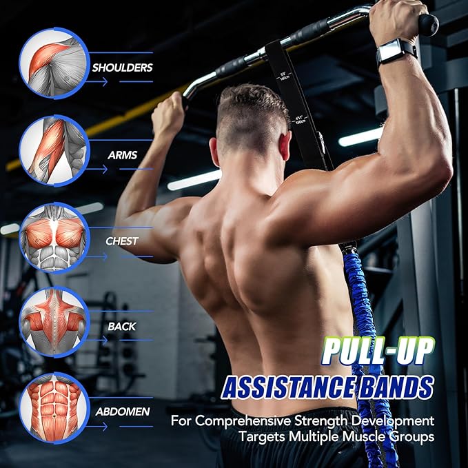 Pull Up Assistance Bands with Foot Support Pedal - Upgraded Heavy Duty Resistance Bands Adjustable Weight/Height with 80Lbs Bands&Measured Strap for Strength Training Home Gym