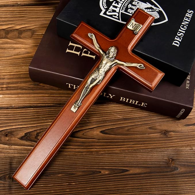 SISSIDA Crucifix Wall Cross, Handmade Wooden Catholic Crosses for Wall Decor - 12 Inch